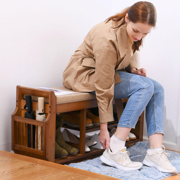Bamboo Entryway Shoe Storage Bench with Cushion