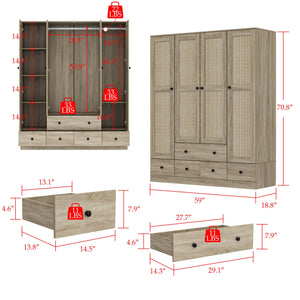 4-Door Rattan Wardrobe Armoire with Drawers