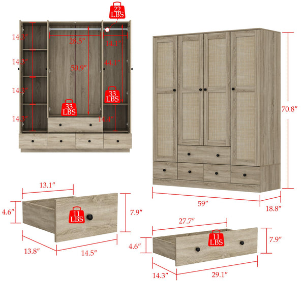 4-Door Rattan Wardrobe Armoire with Drawers