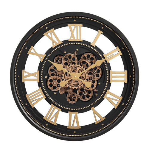 Large Moving Gear Wall Clock – Modern Black & Gold / Antique Champagne