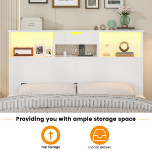 Queen Size Bookcase Headboard with Storage, LED Lights & Charging Station