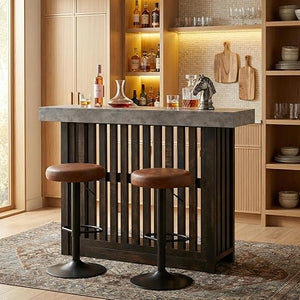 Modern Bar Table with Faux Marble Top & Storage Shelves