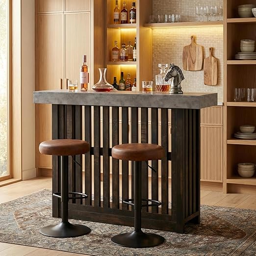 Modern Bar Table with Faux Marble Top & Storage Shelves