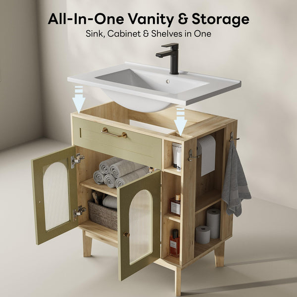 30 Inch Bathroom Vanity with Sink, Arched Glass Door & Ceramic Basin