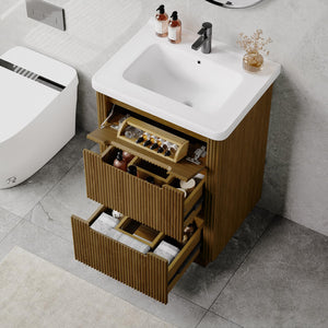 24" Fluted Bathroom Vanity with Integrated Ceramic Sink & 3 Drawers