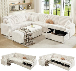129-Inch Sectional Sofa with Storage Ottoman & Sleeper