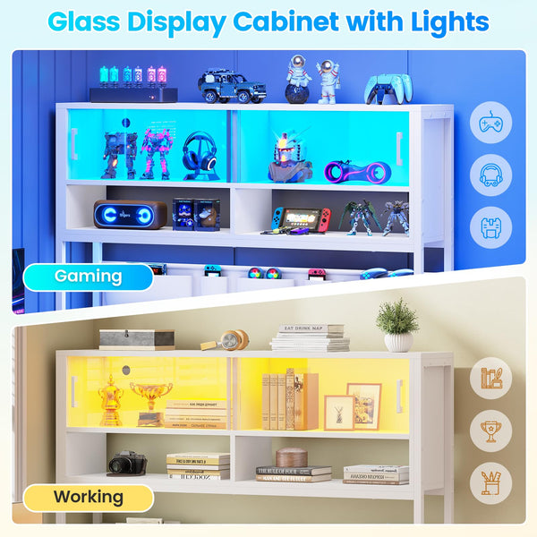 L-Shaped Gaming Desk with Bookshelf, LED Light & Storage Drawers