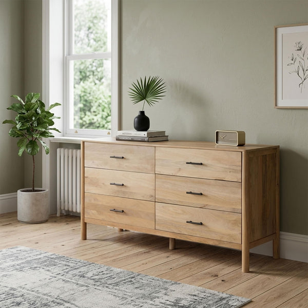 66-Inch Wide 6-Drawer Dresser – Natural Oak White Mango Wood