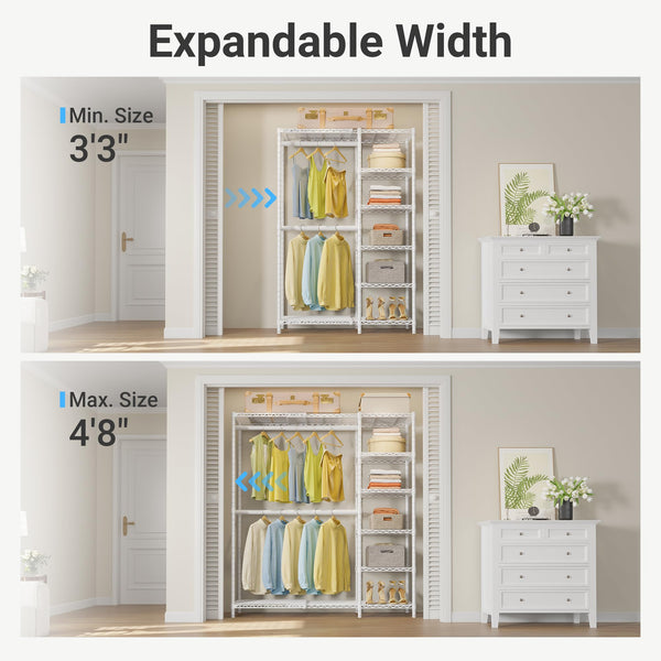Expandable Freestanding Closet Rack with Shelves and Hanging Rods