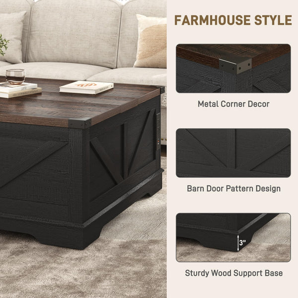 40" Square Lift Top Coffee Table with Power Outlets & Hidden Storage