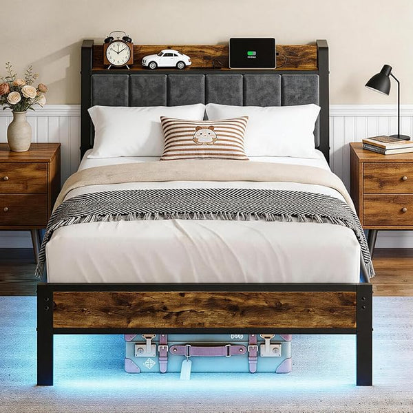 Queen Platform Bed Frame with LED Lights & USB Charging