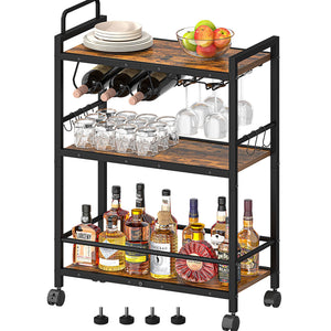 Rolling Bar Cart with Wine Rack & Glass Holder