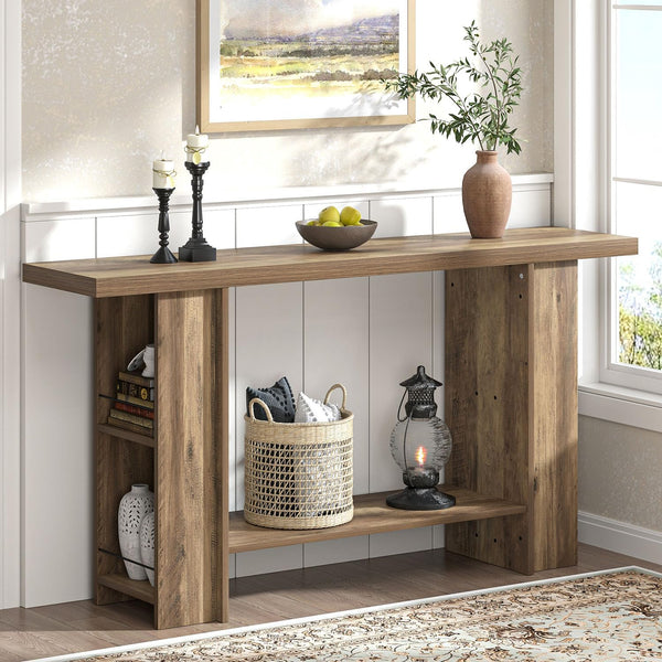 2-Tier Console Table with Side Storage Shelves, 53 Inch
