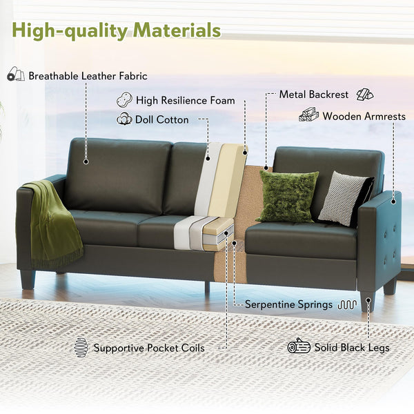 Black Faux Leather Tufted Sofa with USB Charging