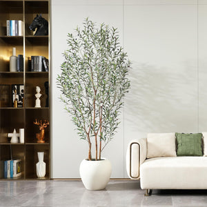 8FT Artificial Olive & Ficus Tree – Indoor Potted Plant with Natural Wood Trunk