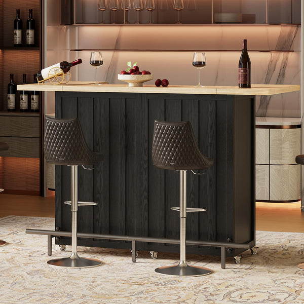 61-Inch Foldable Bar Table with Storage Cabinet & Lockable Wheels