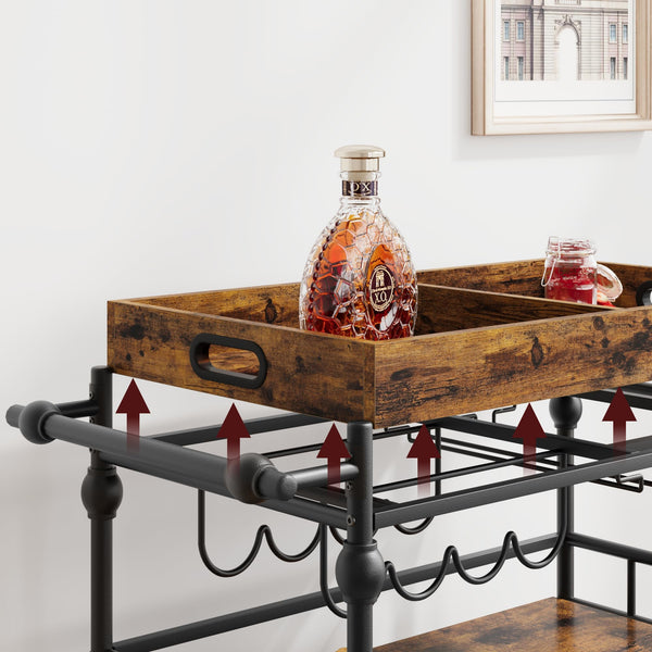 3-Tier Rolling Bar Cart with Removable Tray & Wine Rack