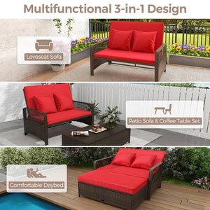 PE Rattan Double Chaise Lounge Set with Adjustable Back & Storage Ottoman
