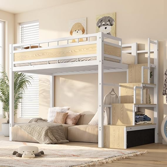 Twin Loft Bed with Storage Stairs & 53.5" Under-Bed Clearance