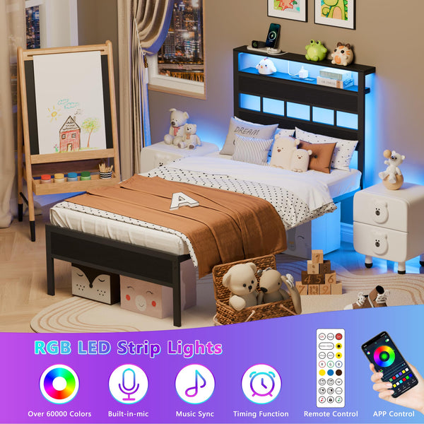 Platform Bed Frame with LED Lights & Charging Station