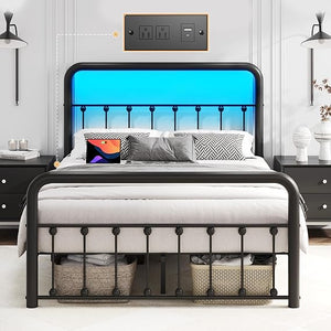 Metal Platform Bed Frame with LED Lights & Charging Station