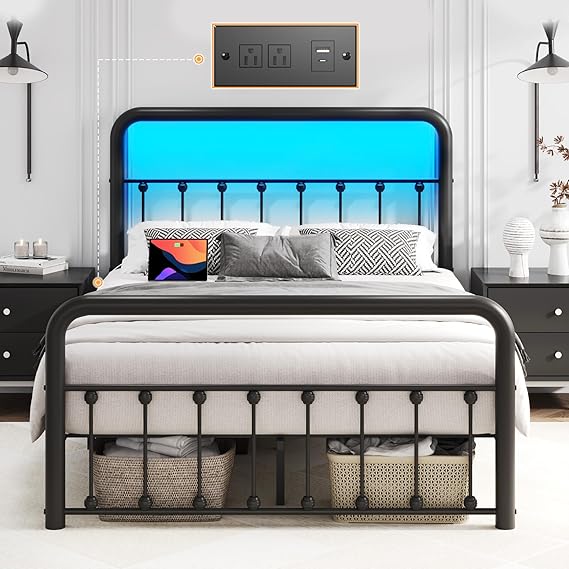 Metal Platform Bed Frame with LED Lights & Charging Station
