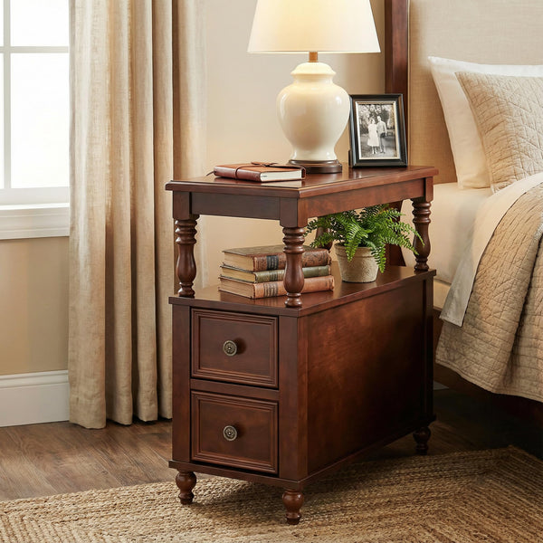 Wood End Table with 2 Drawers and Storage Shelf