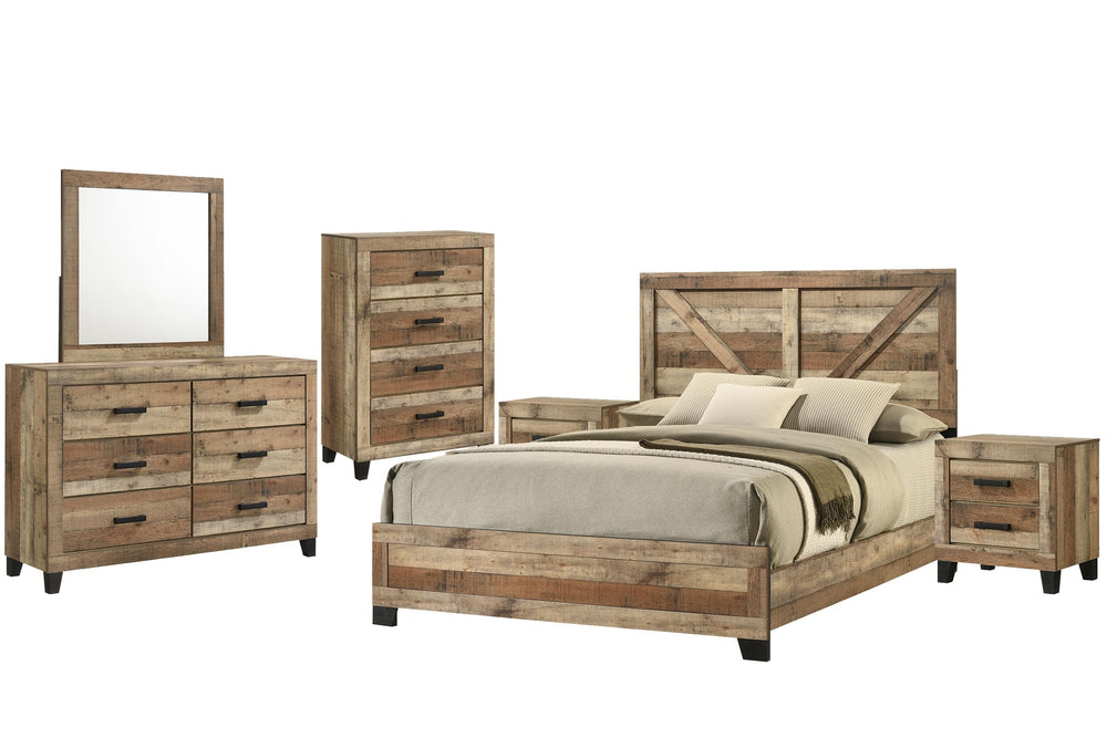 Queen Farmhouse Bedroom Set - 6 Piece with Dresser, Mirror, Chest & 2 Nightstands