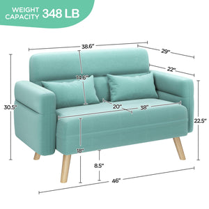 46" Modern Fabric Loveseat Sofa with Lumbar Pillows & Solid Wood Legs