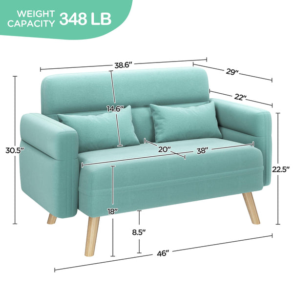 46" Modern Fabric Loveseat Sofa with Lumbar Pillows & Solid Wood Legs