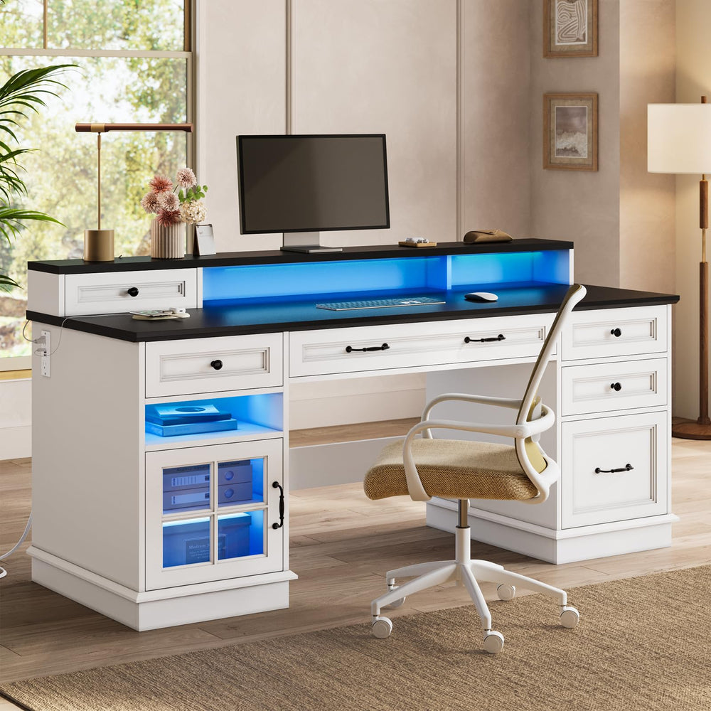 Farmhouse Executive Desk with Drawers, LED Lights & Power Outlet