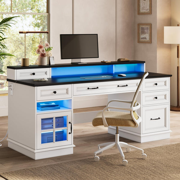 Farmhouse Executive Desk with Drawers, LED Lights & Power Outlet