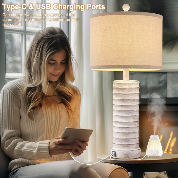 Farmhouse Table Lamps Set of 2 with USB Ports – Rustic Bedside & Living Room Lighting