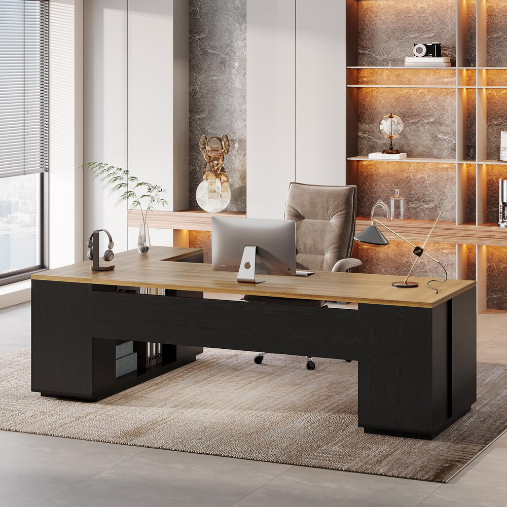 L-Shaped Executive Desk with File Drawers & Cabinet