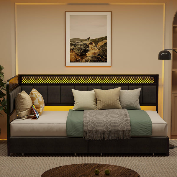 Corner Bed Frame with Storage Drawers, LED Lights & Charging Station