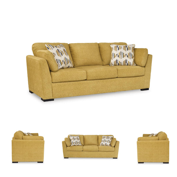 Modern Upholstered 3-Seat Sofa with Accent & Bolster Pillows – Yellow