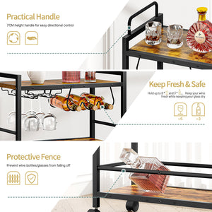 Rolling Bar Cart with Wine Rack & Glass Holder