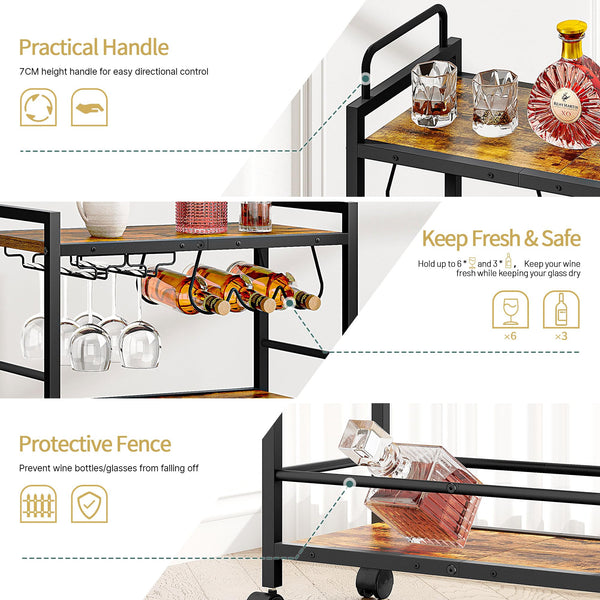 Rolling Bar Cart with Wine Rack & Glass Holder