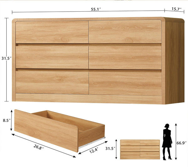 55-Inch 6-Drawer Dresser – Natural Wood Finish