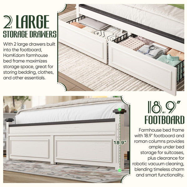 Queen Size Bed Frame with Storage Drawers and Upholstered Headboard