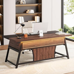 63-Inch Double Desk with LED Light & Storage Shelf