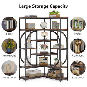 LITTLE TREE Large Corner Bookshelf Industrial Bookcase for Living Room Home Office,Brown