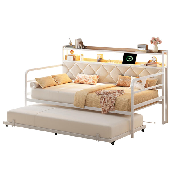 Twin Daybed with Trundle, LED Lights & Charging Station