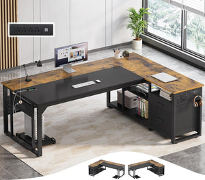 L-Shaped Executive Desk with Power Outlets, File Drawers & Storage