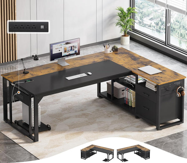 L-Shaped Executive Desk with Power Outlets, File Drawers & Storage