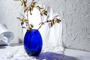 Cobalt Blue Glass Barrel Vase – Handmade, 11.75" H