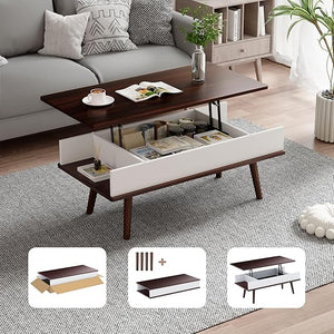 VYRIVA Lift Top Coffee Table, One Minute No Assembly Required Rising Tabletop Center Table with Large Hidden Storage Compartment, Open Shelf, Anti-Pinch Design Mute for Living Room (Walnut)