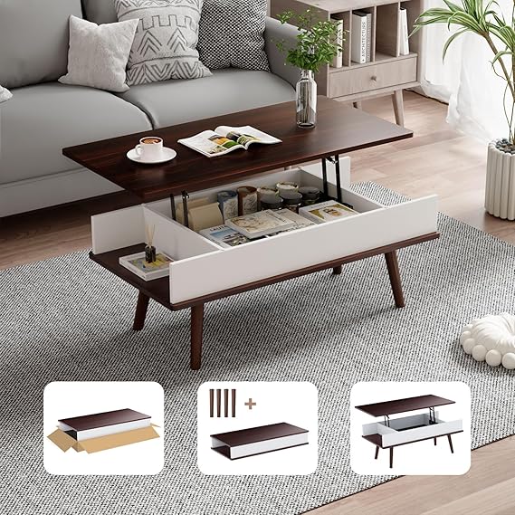 VYRIVA Lift Top Coffee Table, One Minute No Assembly Required Rising Tabletop Center Table with Large Hidden Storage Compartment, Open Shelf, Anti-Pinch Design Mute for Living Room (Walnut)