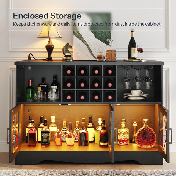 Bar Cabinet with LED Lighting, Wine Rack & Power Outlet