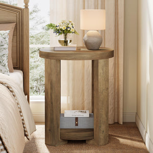 2-Tier Round Side End Table with Storage Shelves